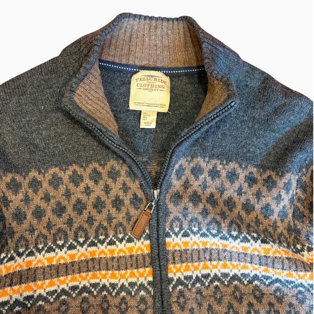 Telluride Clothing Co Men's Large Gray Brown Fair Isle Full Zip Wool Sweater